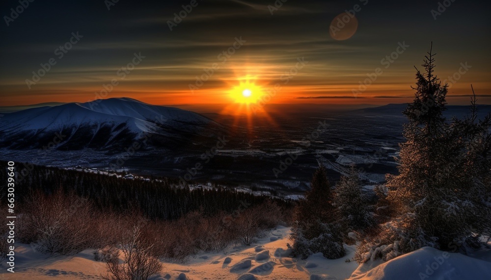 Winter landscape  snow covered mountains, tranquil forest, majestic sunrise, frozen beauty generated by AI