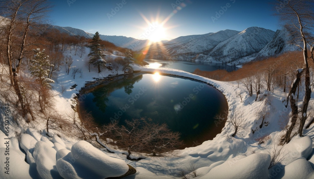 Snow covered mountains create a tranquil, majestic winter landscape generated by AI