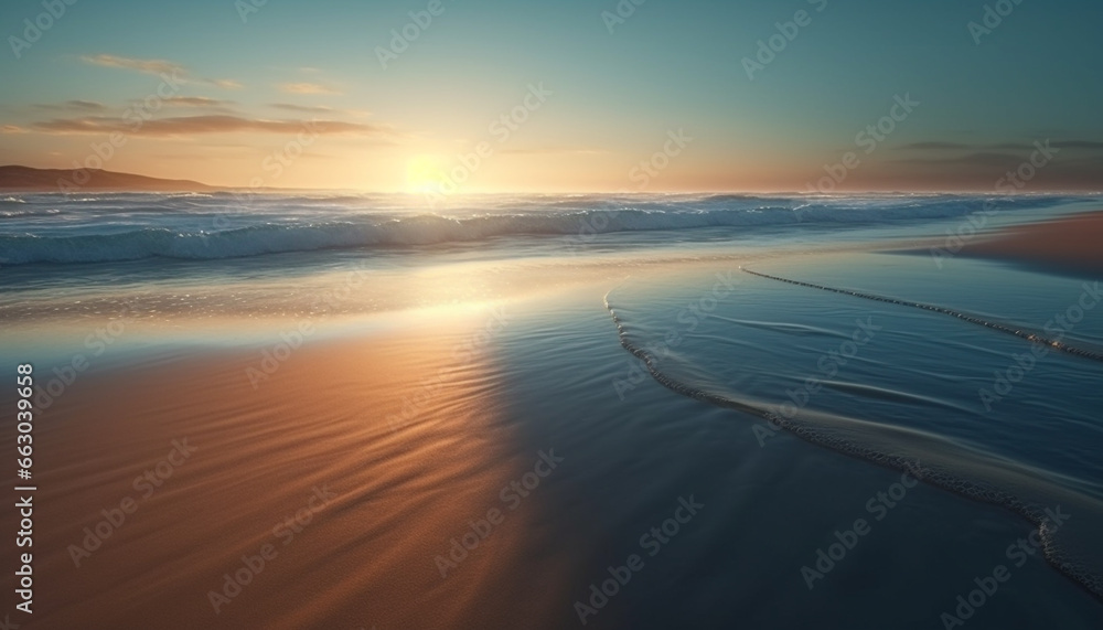 Sunset over the tranquil coastline, waves reflecting the golden twilight generated by AI