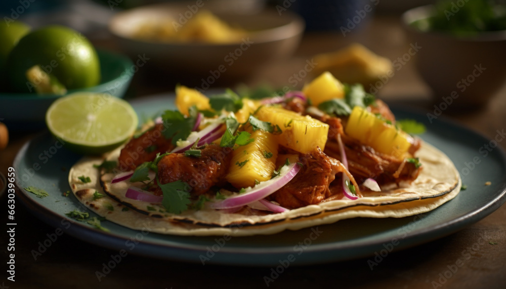 Freshness on a plate  gourmet taco, healthy eating, homemade guacamole generated by AI