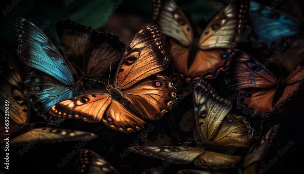 Vibrant butterfly wings showcase nature beauty in a tropical rainforest generated by AI