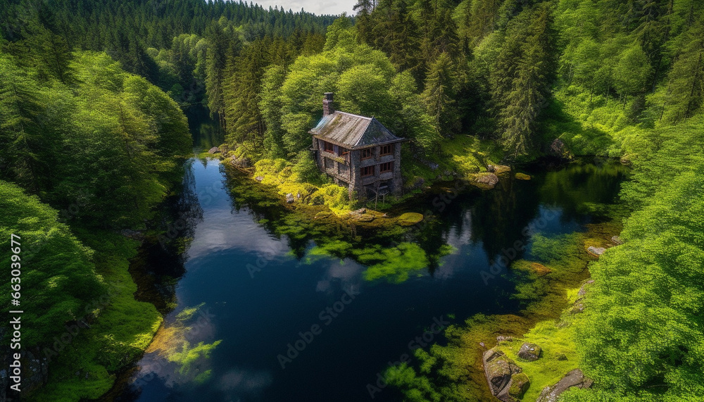 Tranquil scene of a majestic mountain peak reflected in a pond generated by AI