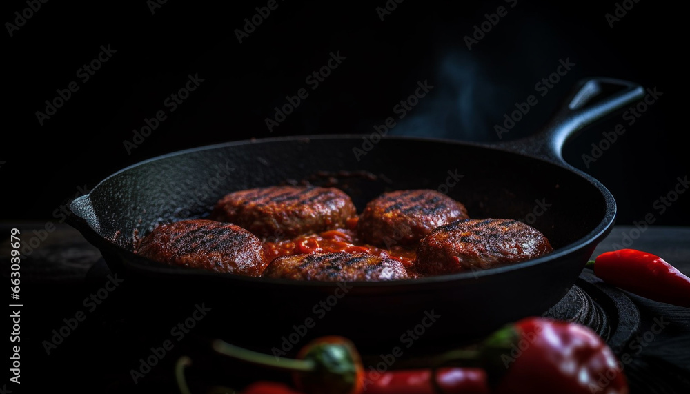 Grilled pork and beef, cooked on a cast iron grill generated by AI