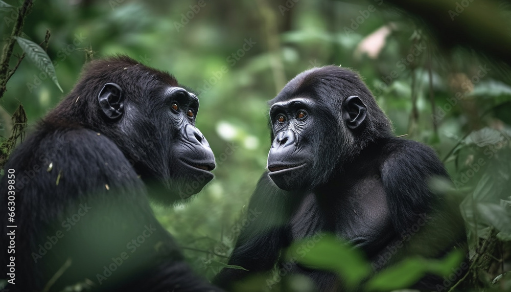 Primate in tropical rainforest, a cute gorilla eating in wilderness generated by AI