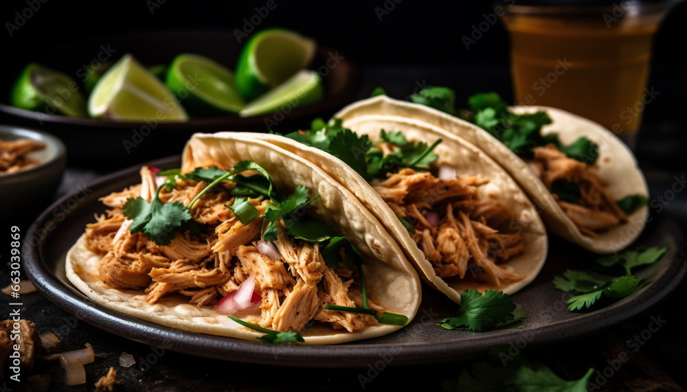 Grilled beef taco with fresh guacamole on a rustic wooden plate generated by AI