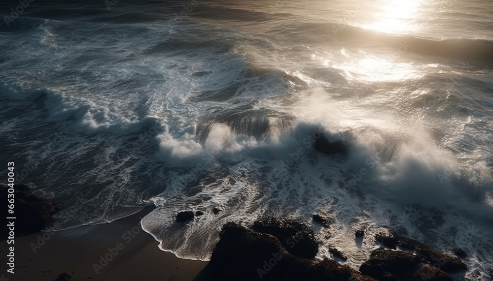 Sunset beauty in nature, breaking wave crashing on coastline generated by AI