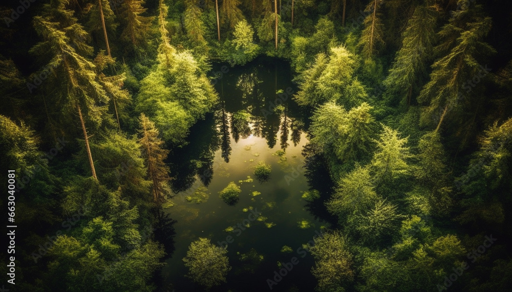 Tranquil scene  green forest, tree, sunlight, reflecting on peaceful pond generated by AI