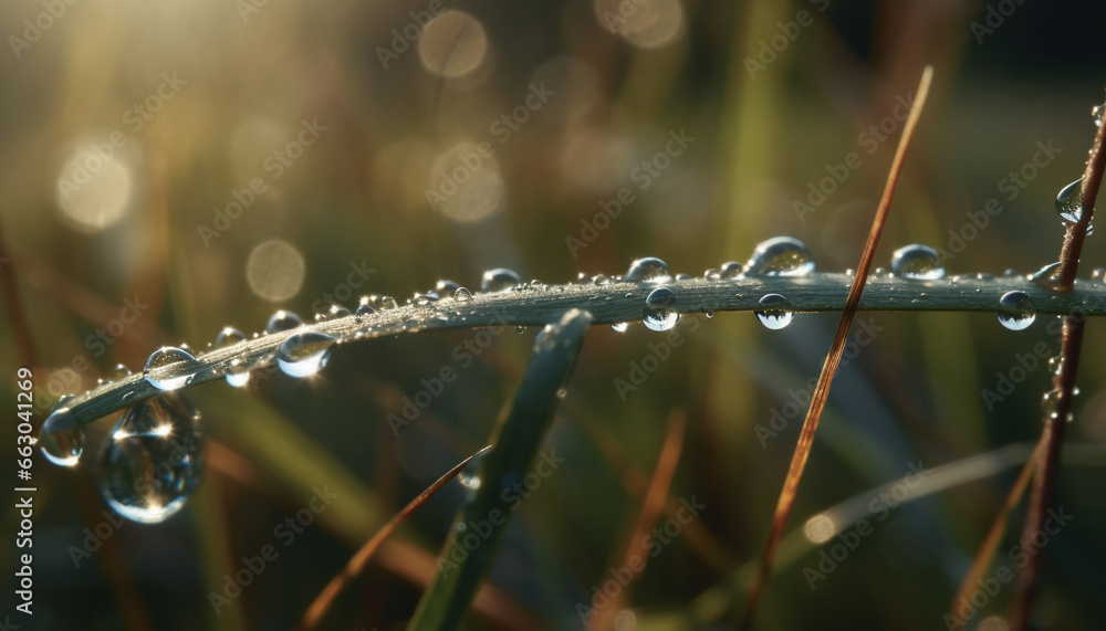 Fresh green grass, dew drops, and wet leaves in summer generated by AI