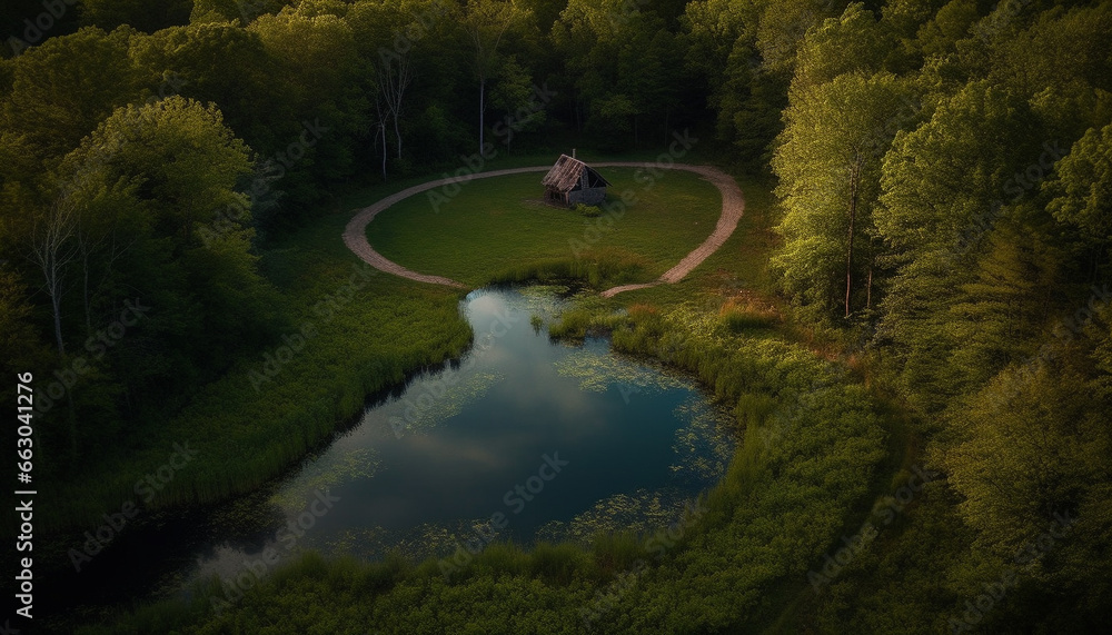 Tranquil scene  nature beauty reflected in water, old footpath meandering generated by AI