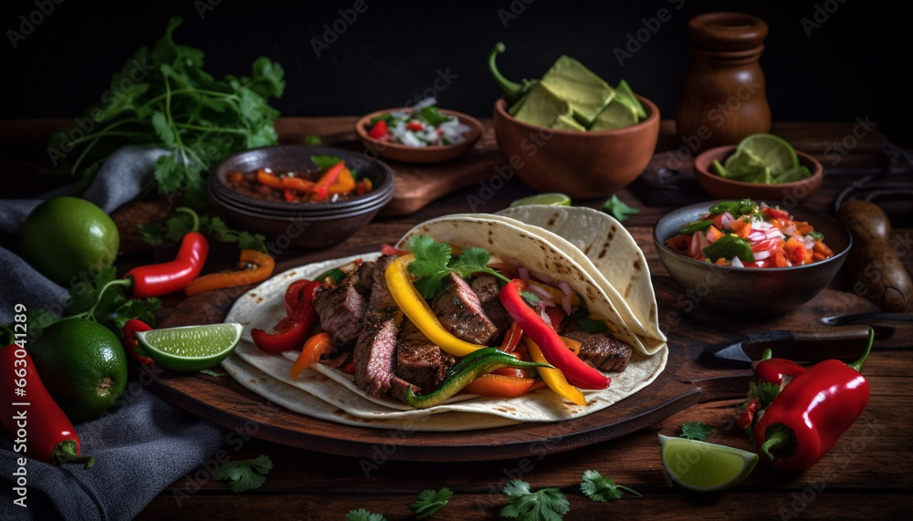 A gourmet Mexican meal with grilled steak, fresh vegetables, and guacamole generated by AI