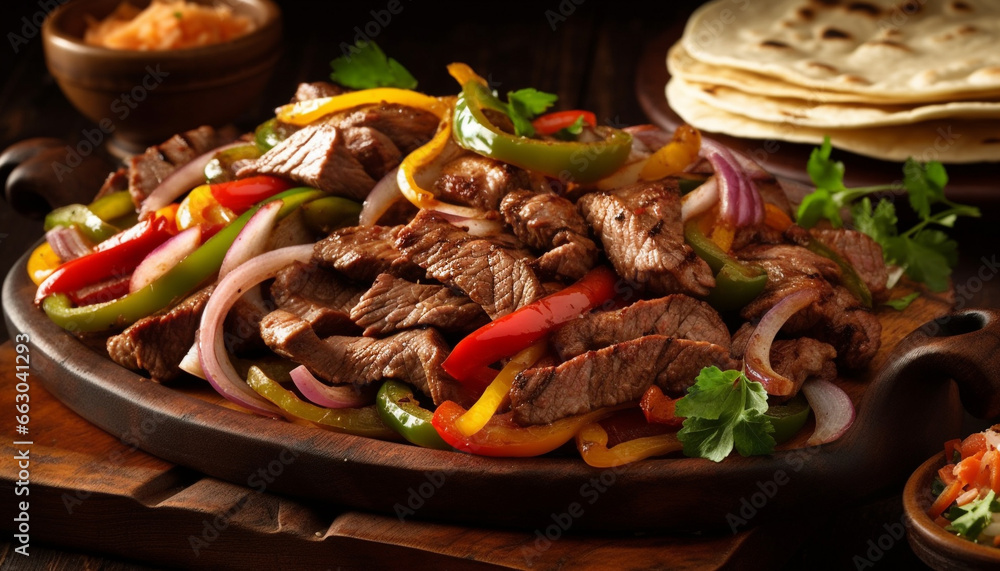 Grilled beef steak with fresh vegetables on a rustic wooden plate generated by AI