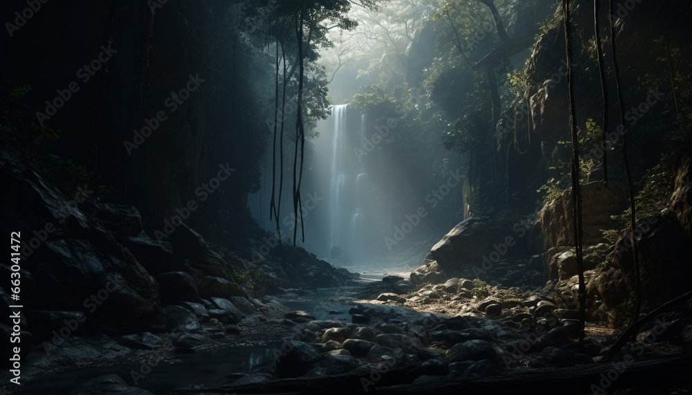 Tranquil scene  mysterious forest, wet rocks, fog, and flowing water generated by AI