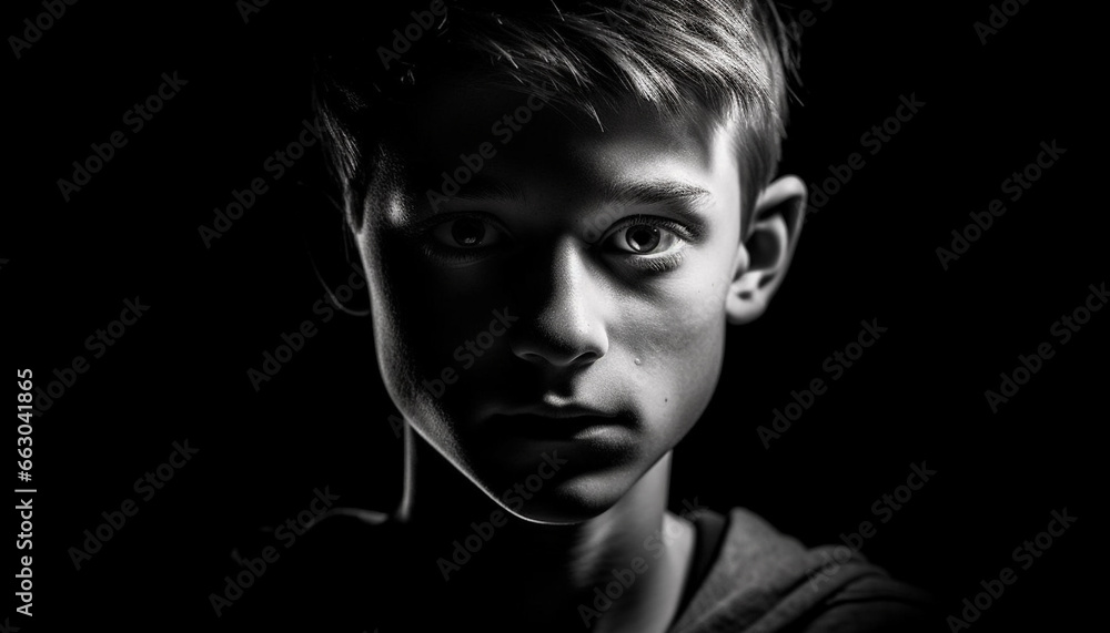 Cute child, serious gaze, dark hair, solitude, fine art portrait generated by AI