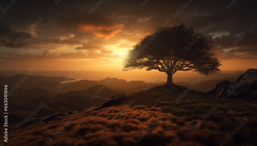 Sunset silhouette, majestic mountain peak, tranquil meadow, panoramic nature landscape generated by AI