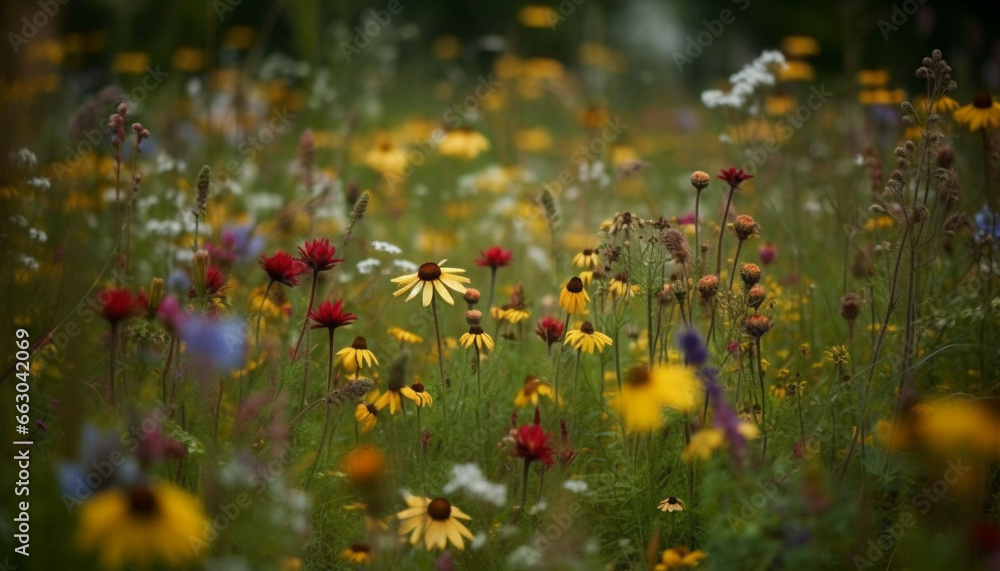 Vibrant summer meadow, wildflowers blossom in nature colorful palette generated by AI