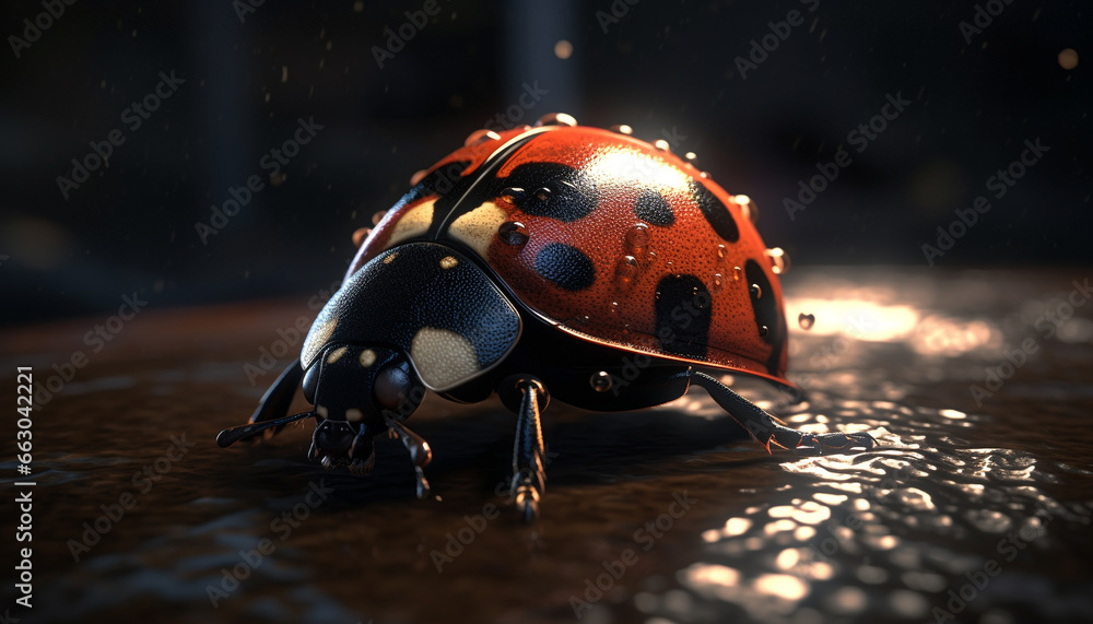 Small spotted ladybug crawling on wet green leaf in springtime generated by AI