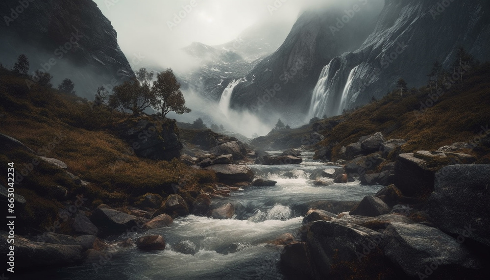 Majestic mountain peak, flowing water, tranquil scene, natural beauty generated by AI