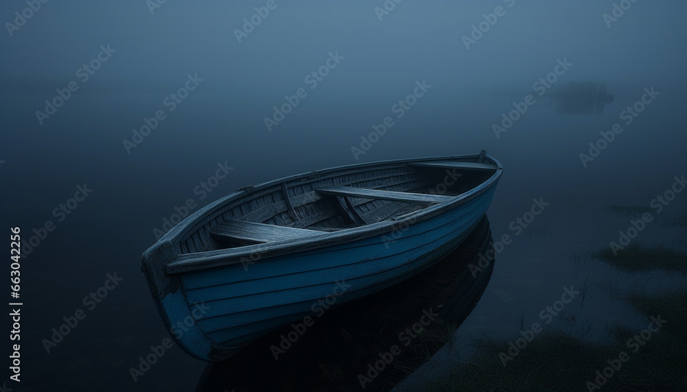 Tranquil scene of an old fishing boat on a foggy coastline generated by AI