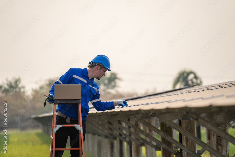 Professional engineer work to maintenance of photovoltaic panel system. 