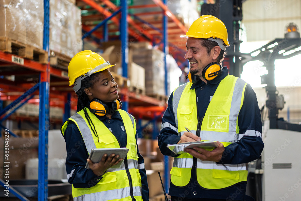 Diverse industrial worker team working in manufacturing plant together. 