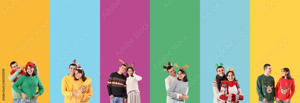 Collage of happy young couple on color background. Christmas celebration