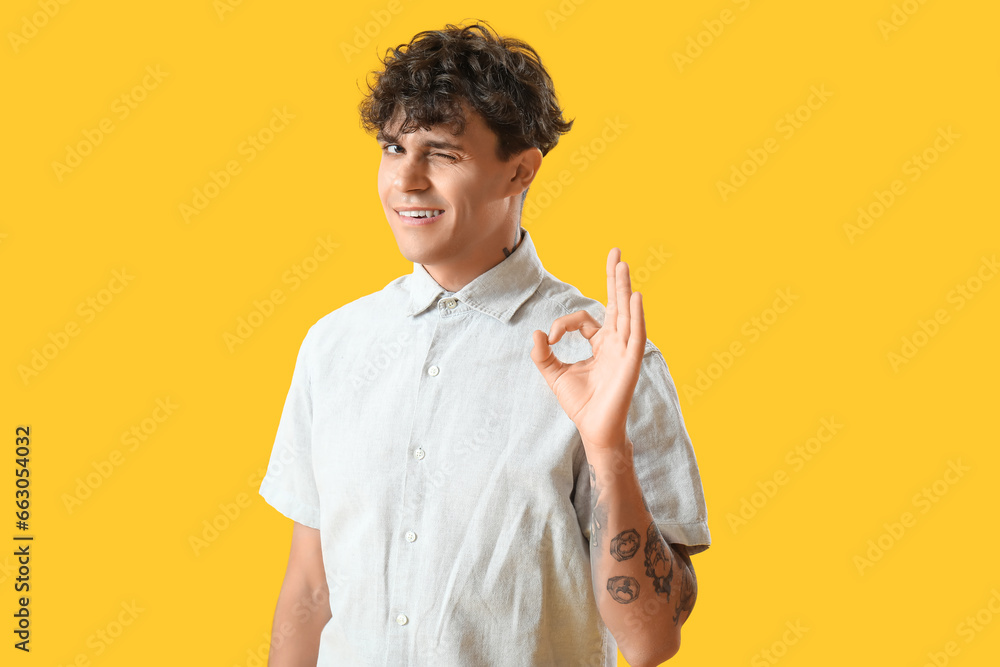 Portrait of winking young man showing OK gesture on orange background