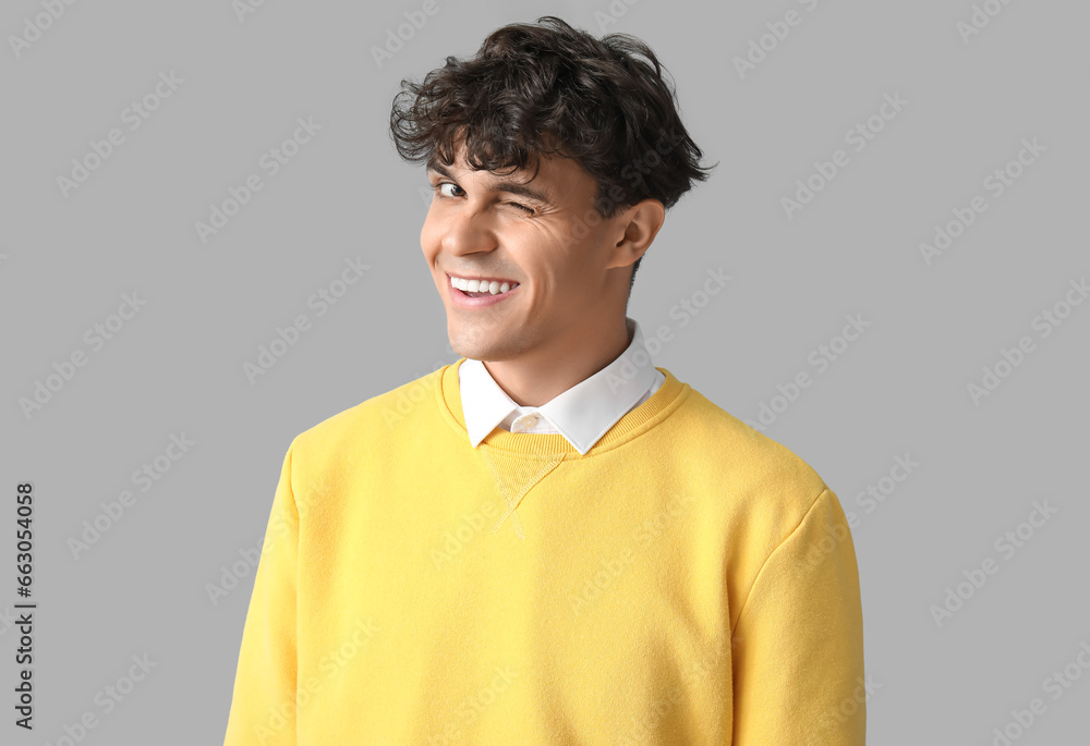 Portrait of handsome young man winking on grey background