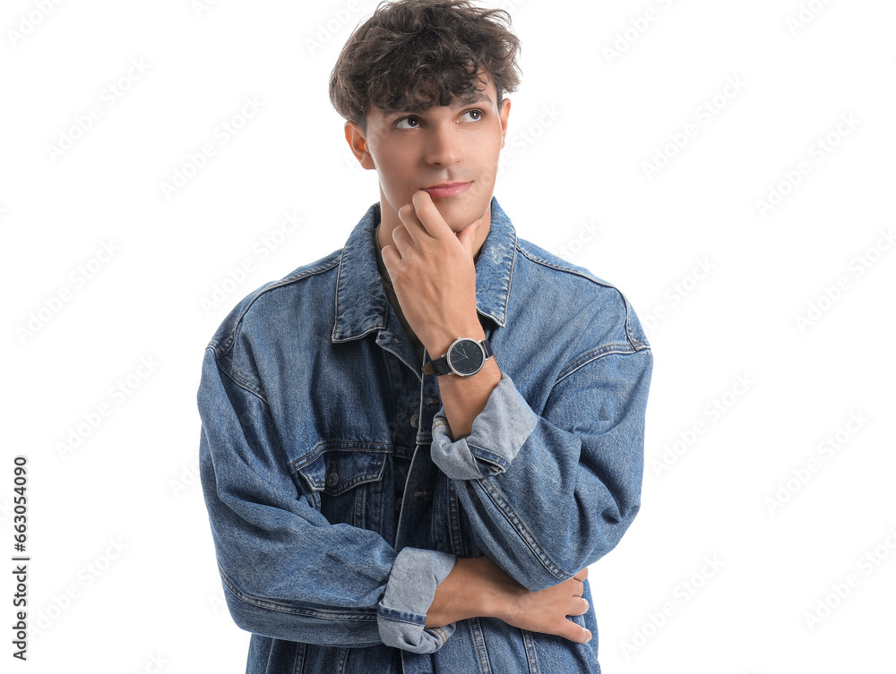 Portrait of pondering young man isolated on white background