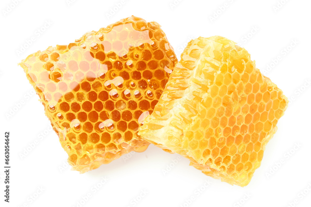 Sweet honeycombs on white background