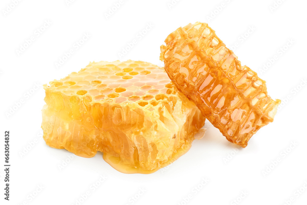 Sweet honeycombs on white background