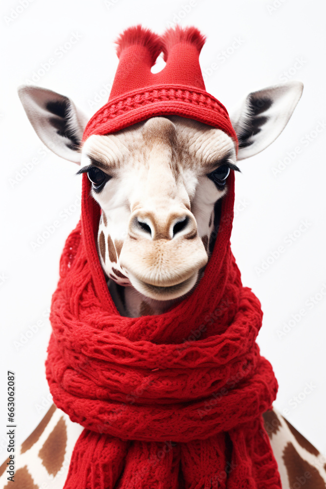 Giraffe wearing winter scarf on a solid background