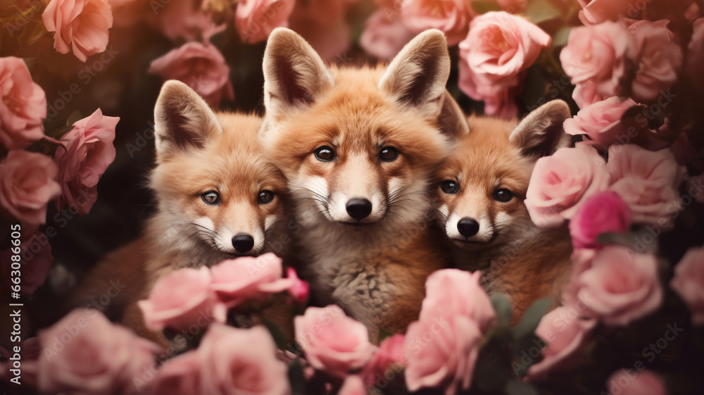 Mother fox with her cubs surrounded by flowers