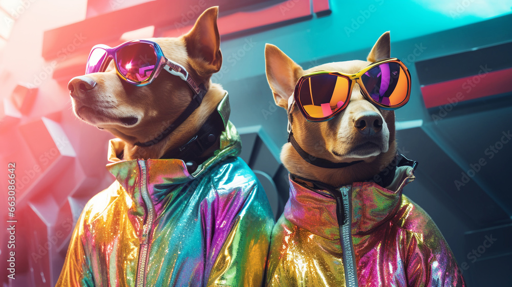 Futuristic cyber dogs with fashionable clothes and accessories