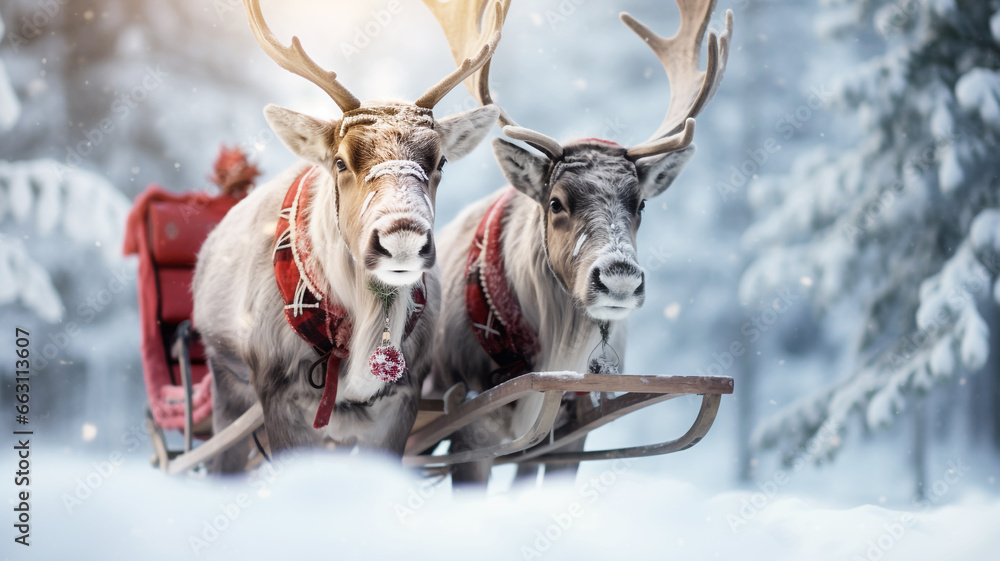 Christmas Reindeer with their sleigh on a snowy night