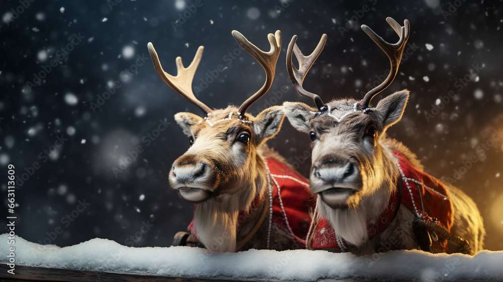 Christmas Reindeer with their sleigh on a snowy night