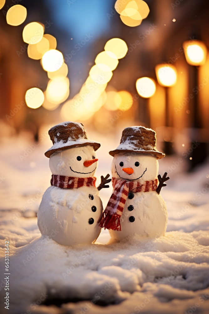 Happy cute snowmen with scarf and hat in an old town