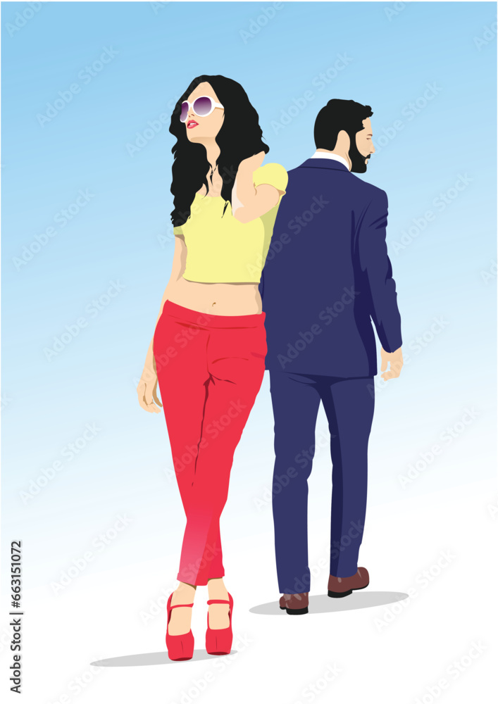 Attractive young couple wearing sunglasses and standing back to back. 3d color vector illustration