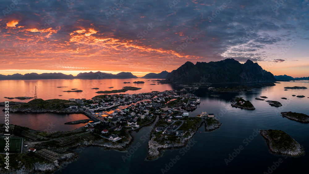 Henningsvaer village in sunset in Lofoten, Norway