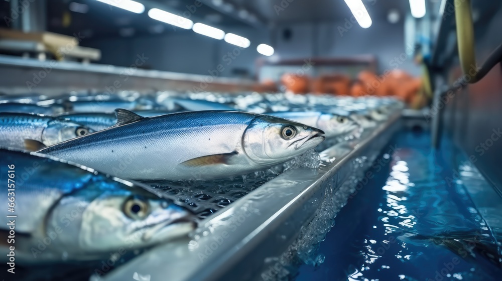 Conveyor belt in a fish processing with a line of fresh trout in food industry factory.