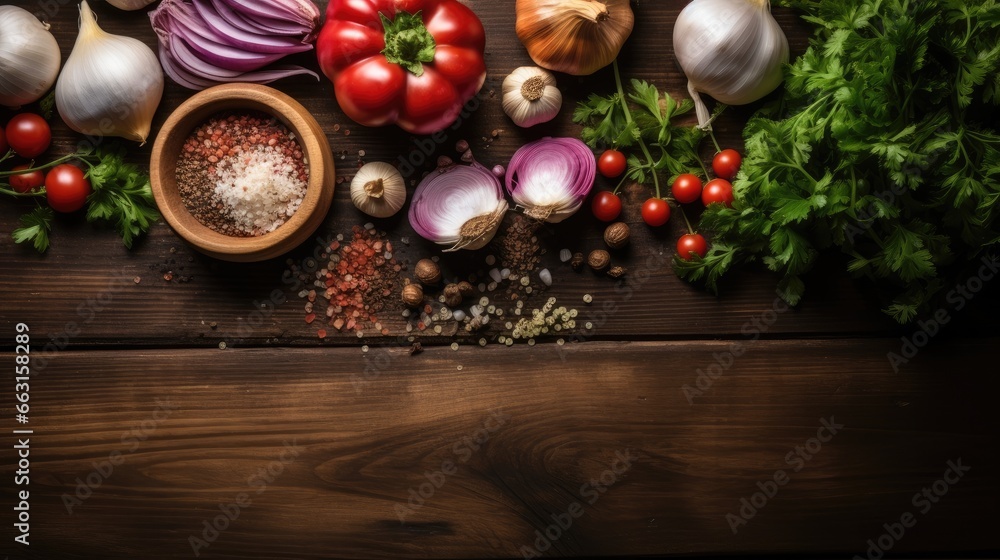 A medium close up flat lay of ingredients on a weathered wooden background, Top view.