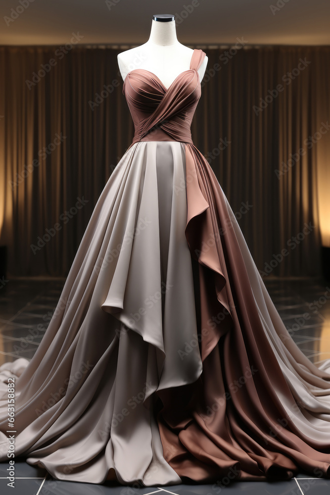 A shiny deep beige mauve grey silk ball gown with full ball gown skirt and fitted silk bodice with elegant shoulder.