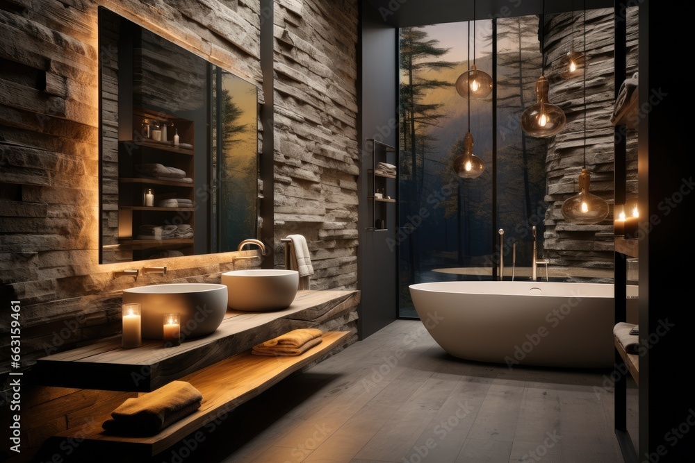 Bathroom space design, Rock texture walls, Wooden ceiling and floor, Nordic minimalist wash basin and sink.