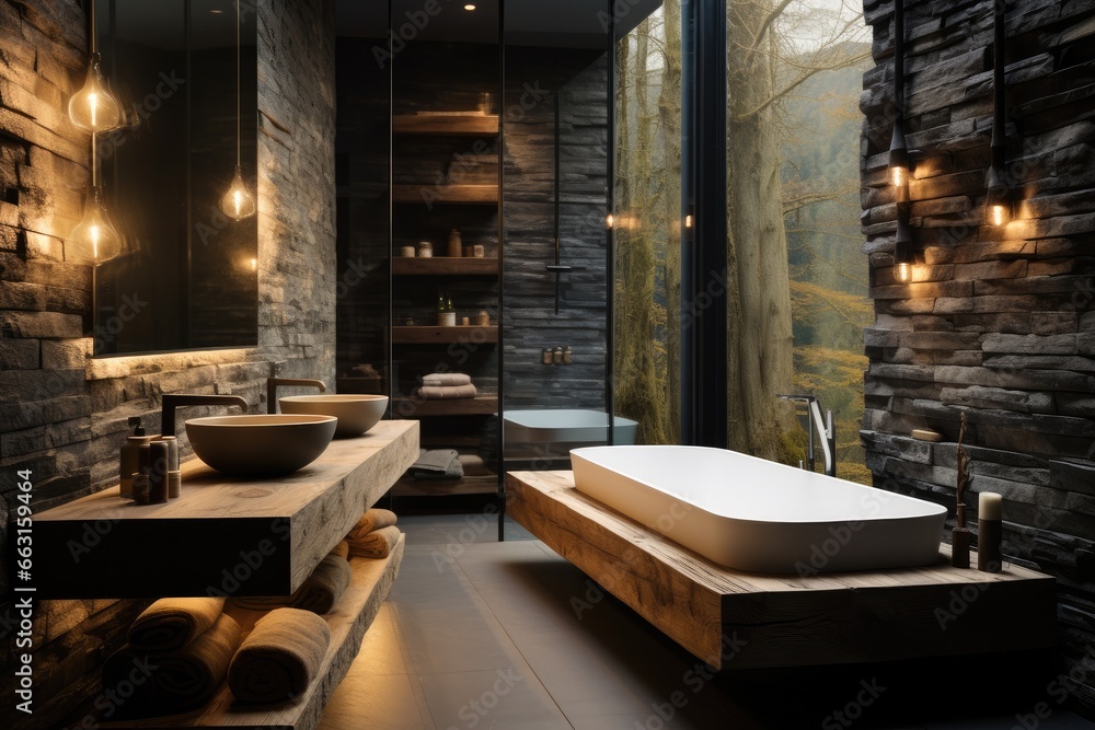 Bathroom space design, Rock texture walls, Wooden ceiling and floor, Nordic minimalist wash basin and sink.