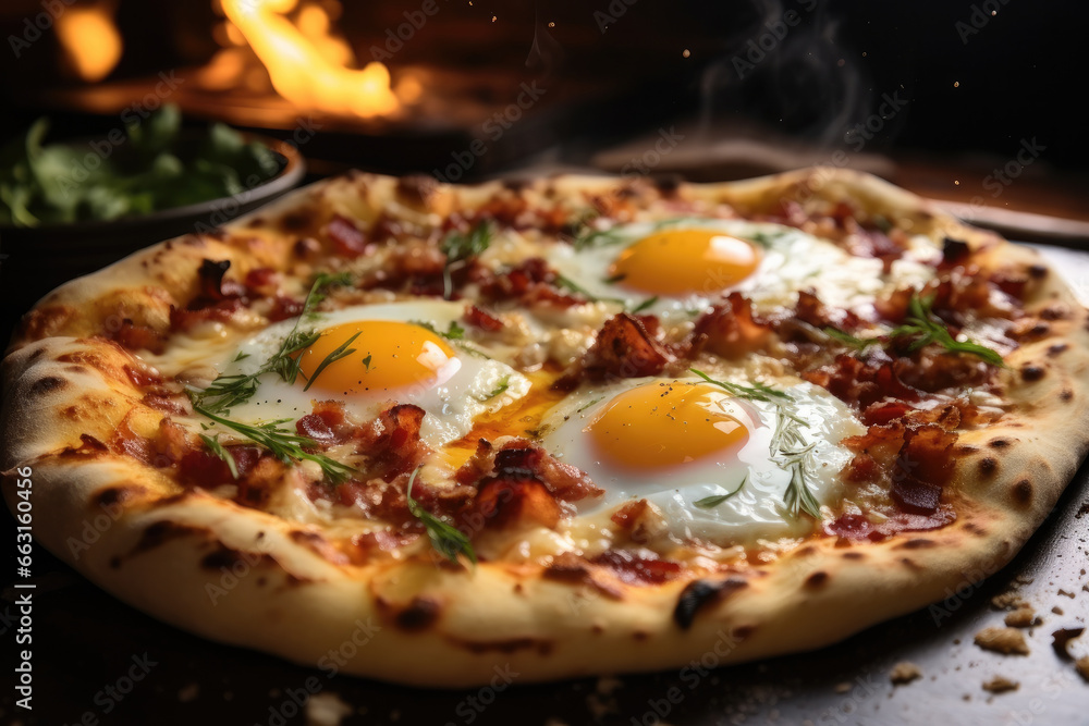 Charred carbonara thin-crust pizza.