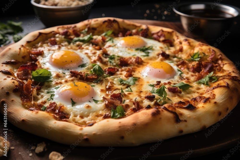 Charred carbonara thin-crust pizza.