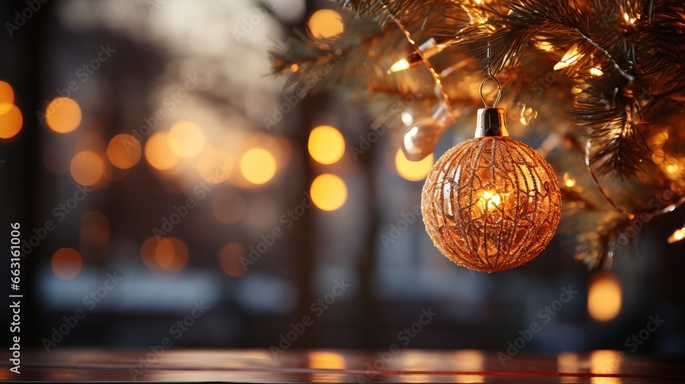 Christmas tree with golden baubles on blurred background