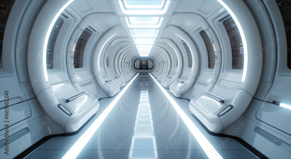 Empty futuristic spaceship corridor.