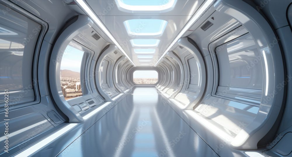 Empty futuristic spaceship corridor.