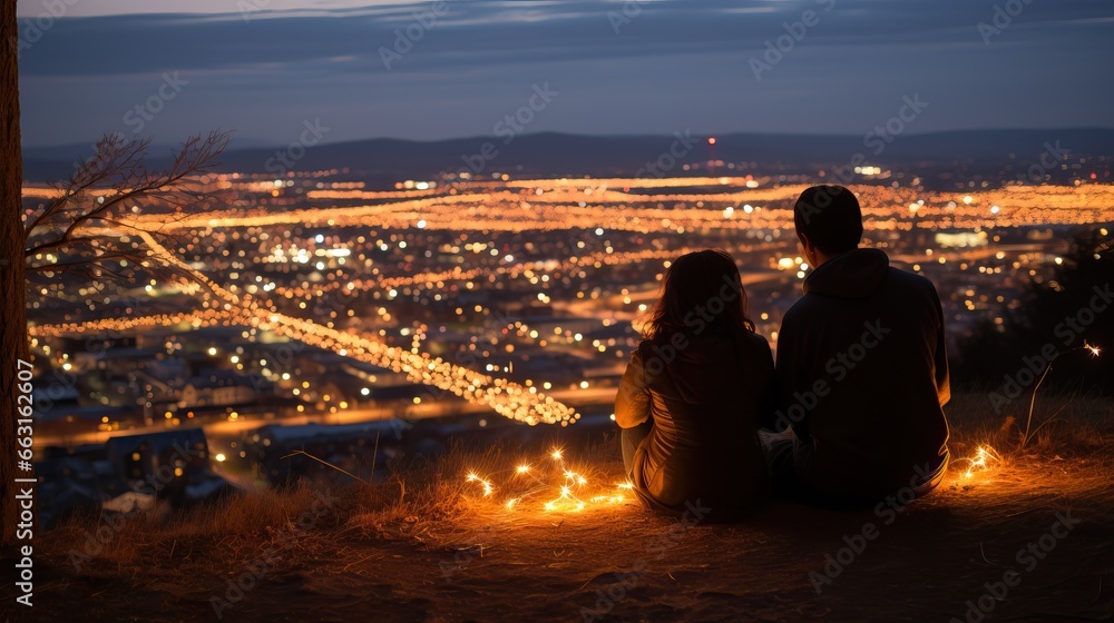 Young couple sitting on the edge of a cliff overlooking the city at night