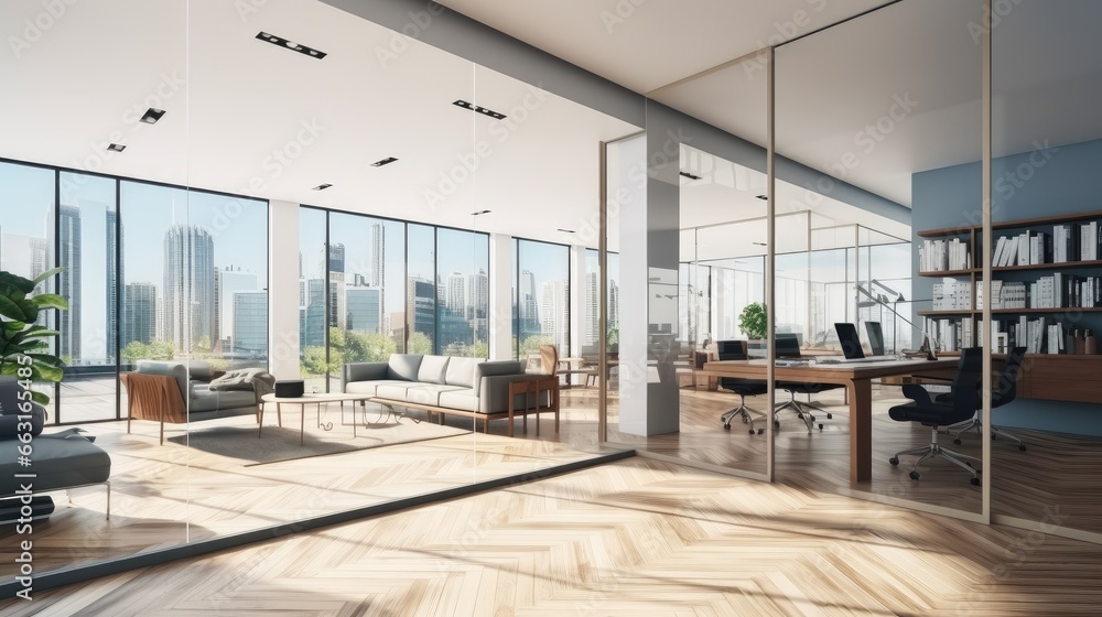 Modern co-working office interior, Furniture, Window with city view